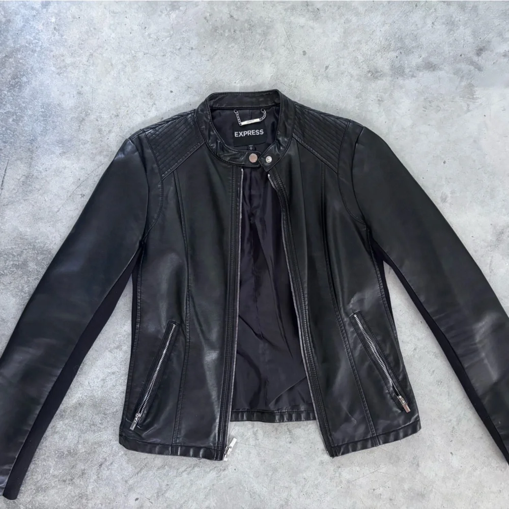 Women’s Express Black Faux Leather Moto Jacket with Quilted Shoulder Detail